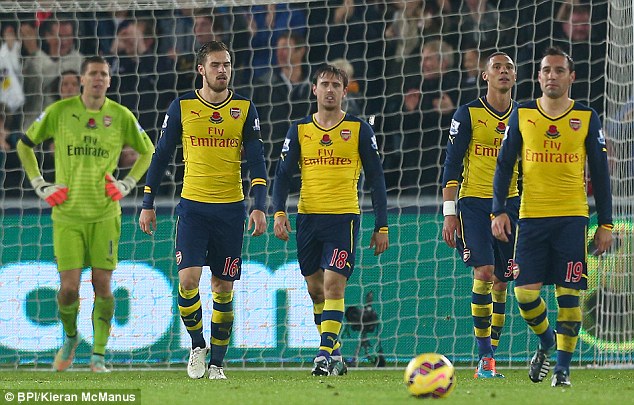 Arsenal players dejected after conceding late goal to Swansea.
